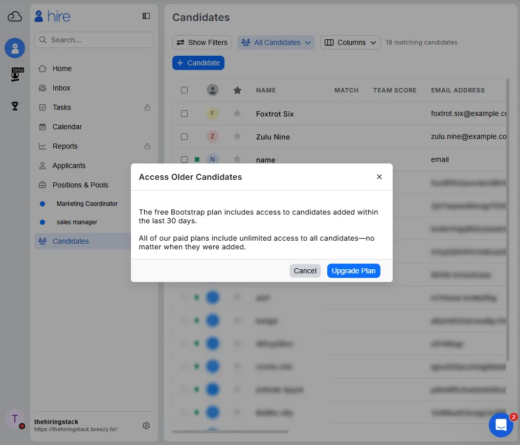 A modal headed "Access Older Candidates" over Breezy HR's candidate list. The body reads: The free Bootstrap plan includes access to candidates added within the last 30 days. All of our paid plans include unlimited access to all candidates—no matter when they were added. The buttons are Cancel and Upgrade Plan.