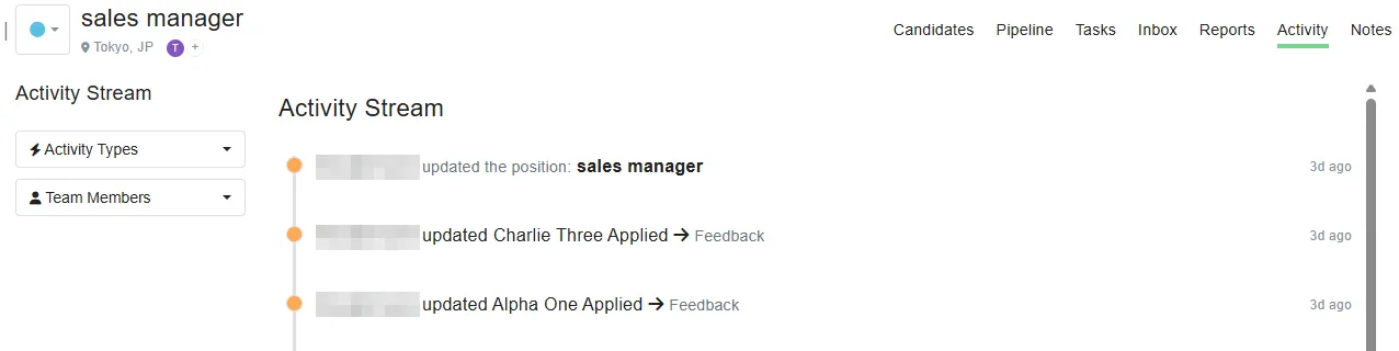 Breezy HR's job-level Activity Stream, showing three entries. The only one concerning this candidate reads "updated Alpha One Applied → Feedback". There is no application event and no scorecard event. My account name is masked in this screenshot.