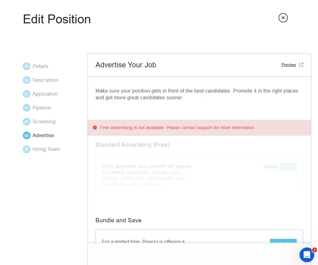 Breezy HR's Advertise tab after verification. A red banner reads "Free advertising is not available. Please contact support for more information." The Standard Advertising (Free) block below it is greyed out, with an Enabled/Disable toggle at its right.