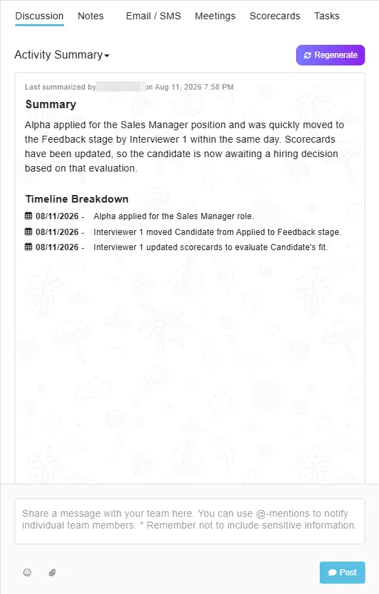 Breezy HR's Activity Summary panel for a candidate, showing a prose summary and a three-item dated timeline claiming the candidate applied and that scorecards were updated.