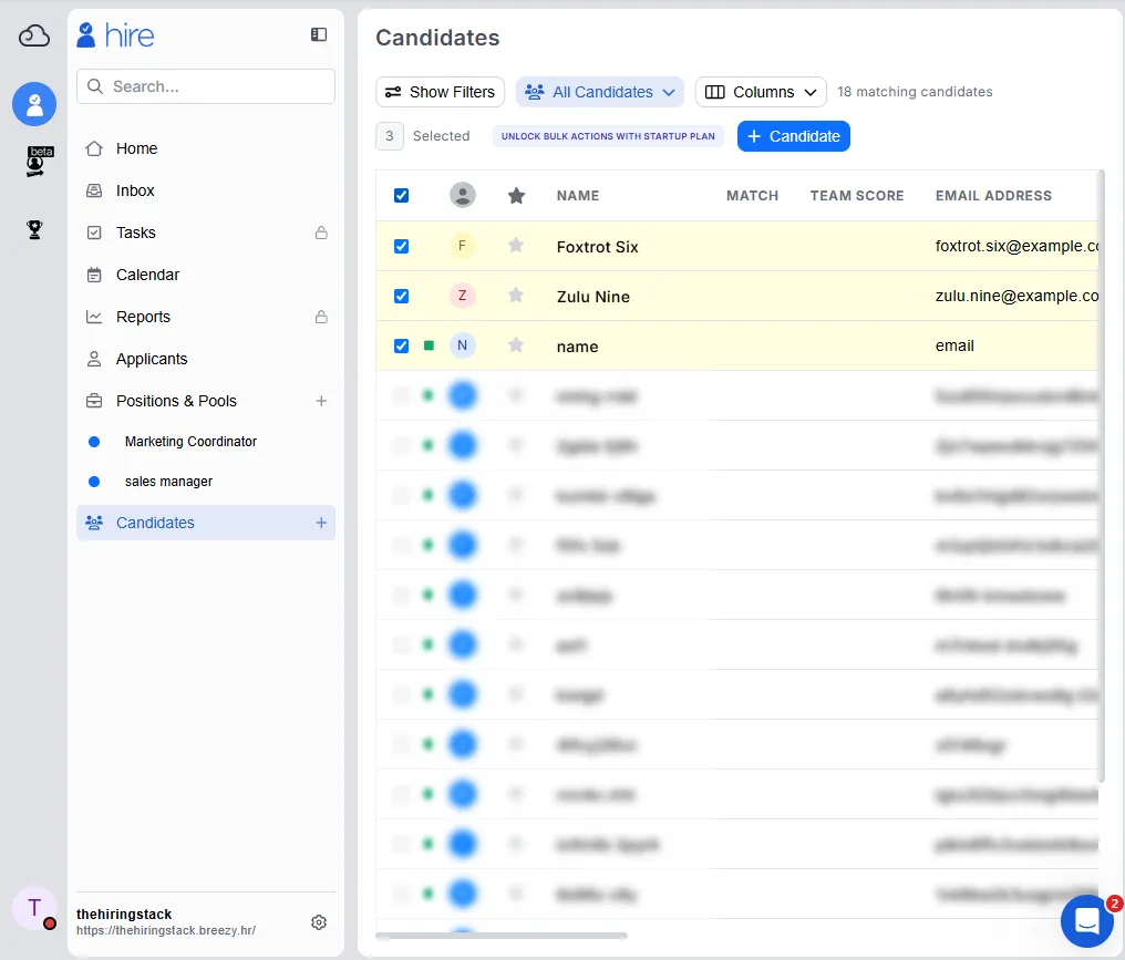 Breezy HR's candidate list with the header checkbox ticked. A badge reads "3 Selected" next to a purple label reading "UNLOCK BULK ACTIONS WITH STARTUP PLAN". Three rows are highlighted in yellow — Foxtrot Six, Zulu Nine and name. Every row below them stays unhighlighted with a greyed-out checkbox.