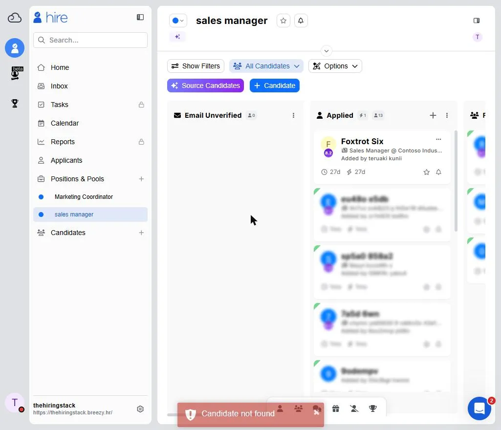 Breezy HR's sales manager pipeline board with candidate cards scrambled. A red toast notification sits at the bottom left of the screen, half-covered by the toolbar, with a shield icon and the text "Candidate not found" and a close button.