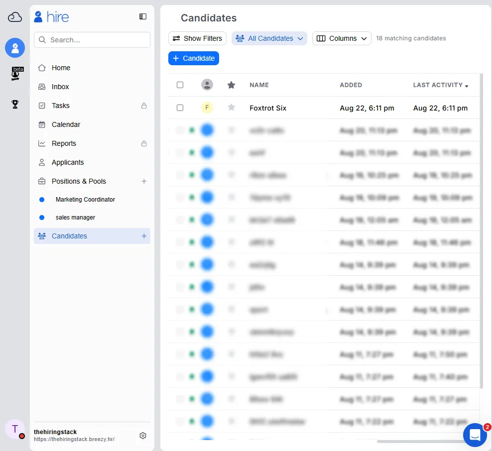 The same Breezy HR candidate list six hours and forty-nine minutes later. Foxtrot Six, added 22 August 6:11 pm, is still readable at the top. The two rows added 20 August 11:13 pm, which were readable in the previous screenshot, are now blurred like every row below them, with their dates still sharp.