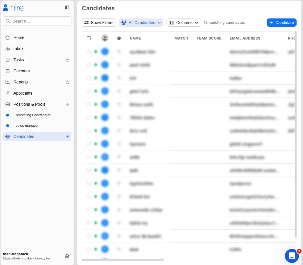 Breezy HR's candidate list on 23 September. The header still reads 18 matching candidates, and every row on the page has its name and email address rendered as an unreadable blur, including the row for Foxtrot Six that was still readable four days earlier.