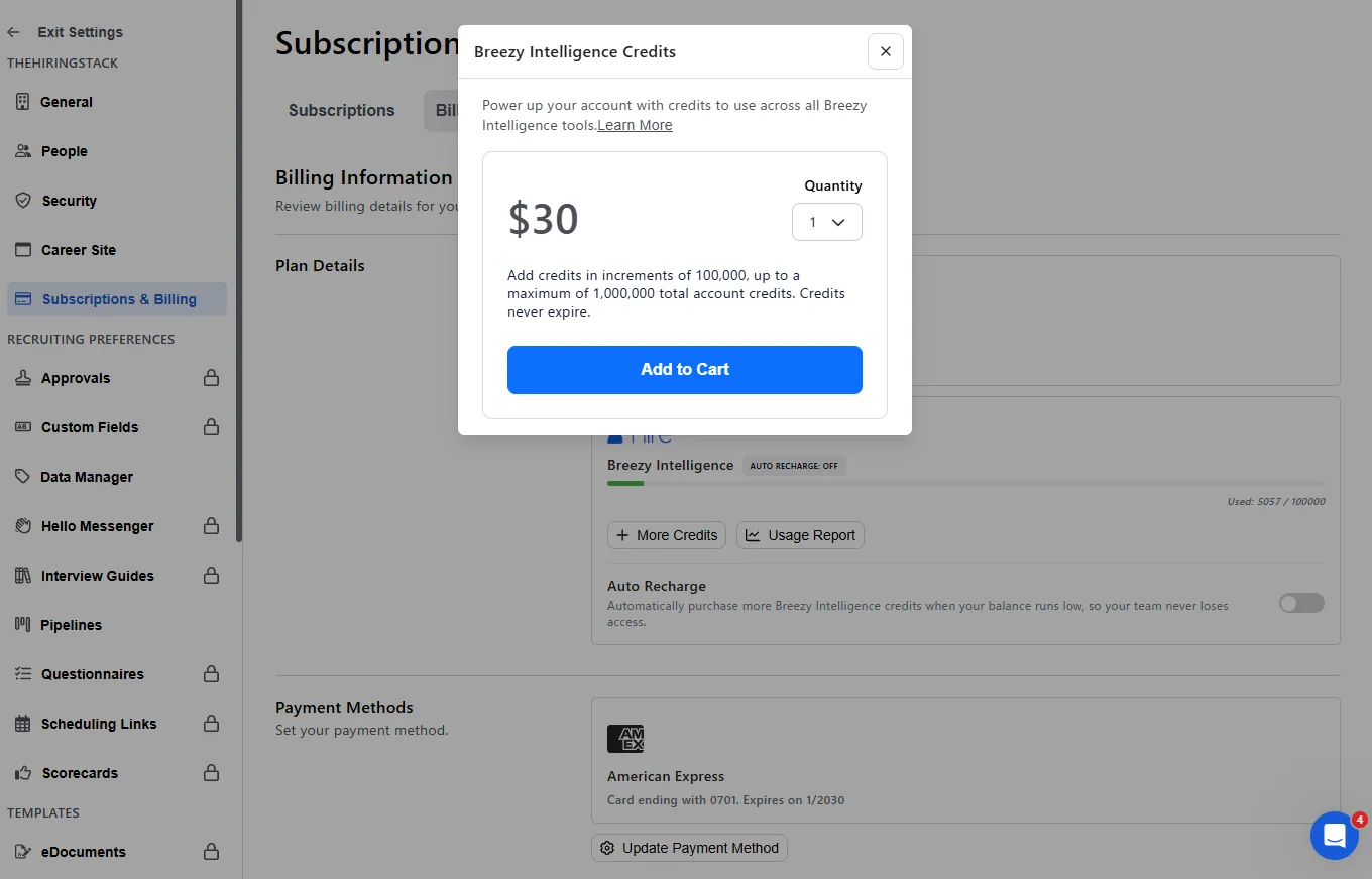 Breezy HR's Breezy Intelligence Credits purchase modal, showing $30 for a quantity of one, with text explaining credits are added in increments of 100,000 up to a maximum of 1,000,000 and never expire.