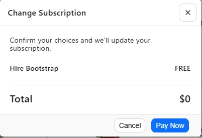 Breezy HR's Change Subscription dialog, showing only the plan name, the word FREE, and a total of $0, with Cancel and Pay Now buttons and no warning text of any kind.