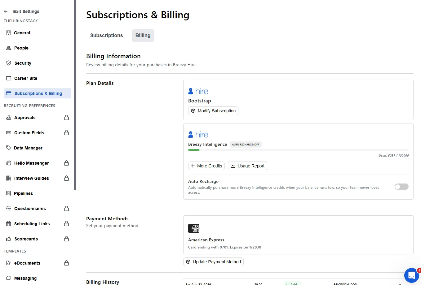 Breezy HR billing page on the free Bootstrap plan showing Breezy Intelligence usage at 5,057 of 100,000 credits after the automatic AI run.
