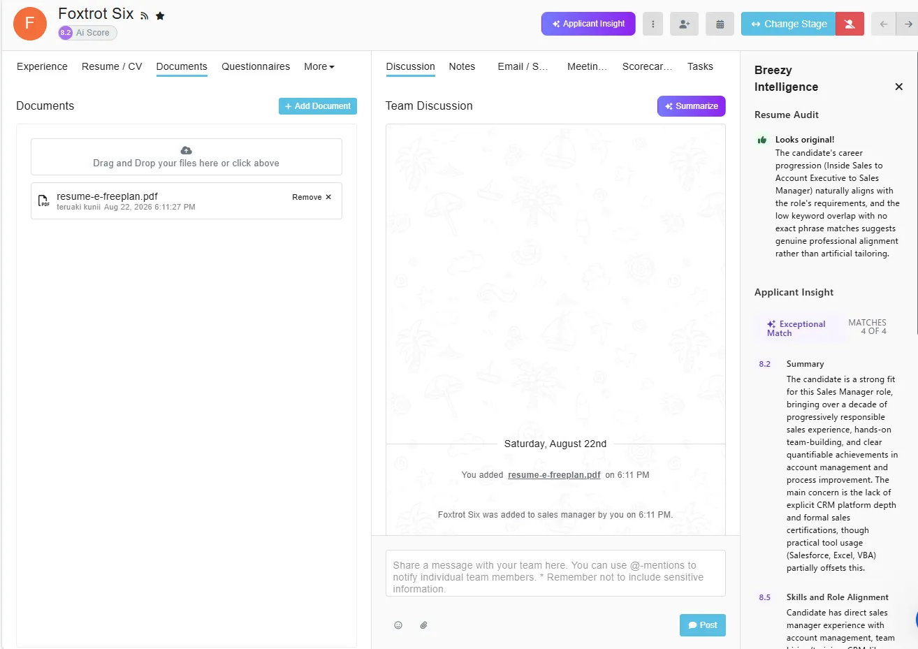 A candidate profile on Breezy HR's free Bootstrap plan showing an 8.2 AI Score badge and a completed Resume Audit, both generated automatically when the résumé was uploaded, with no paywall.