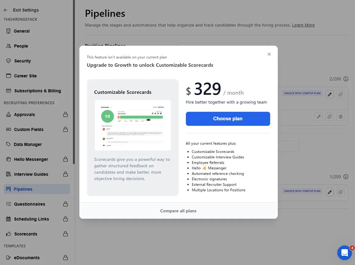 Breezy HR's Scorecards settings screen on the free plan, entirely replaced by an "Upgrade to Growth to unlock Customizable Scorecards" panel priced at $329 per month.