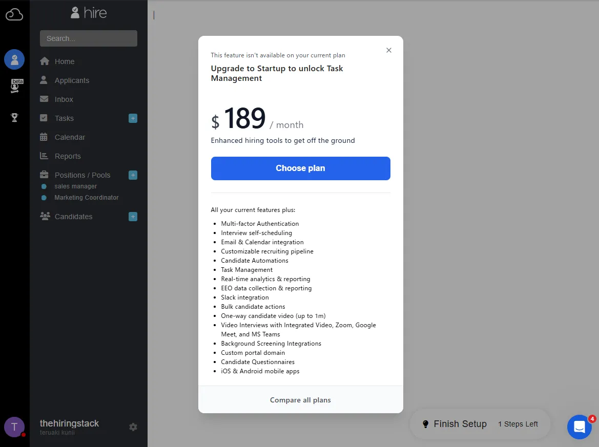 Breezy HR's upgrade modal for Task Management, showing $189 per month and a bulleted list of Startup plan features.