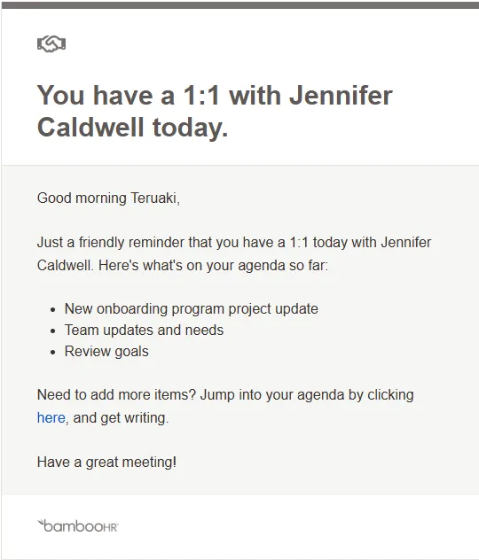 An email from BambooHR headed "You have a 1:1 with Jennifer Caldwell today." addressed Good morning Teruaki, listing an agenda of New onboarding program project update, Team updates and needs, Review goals.