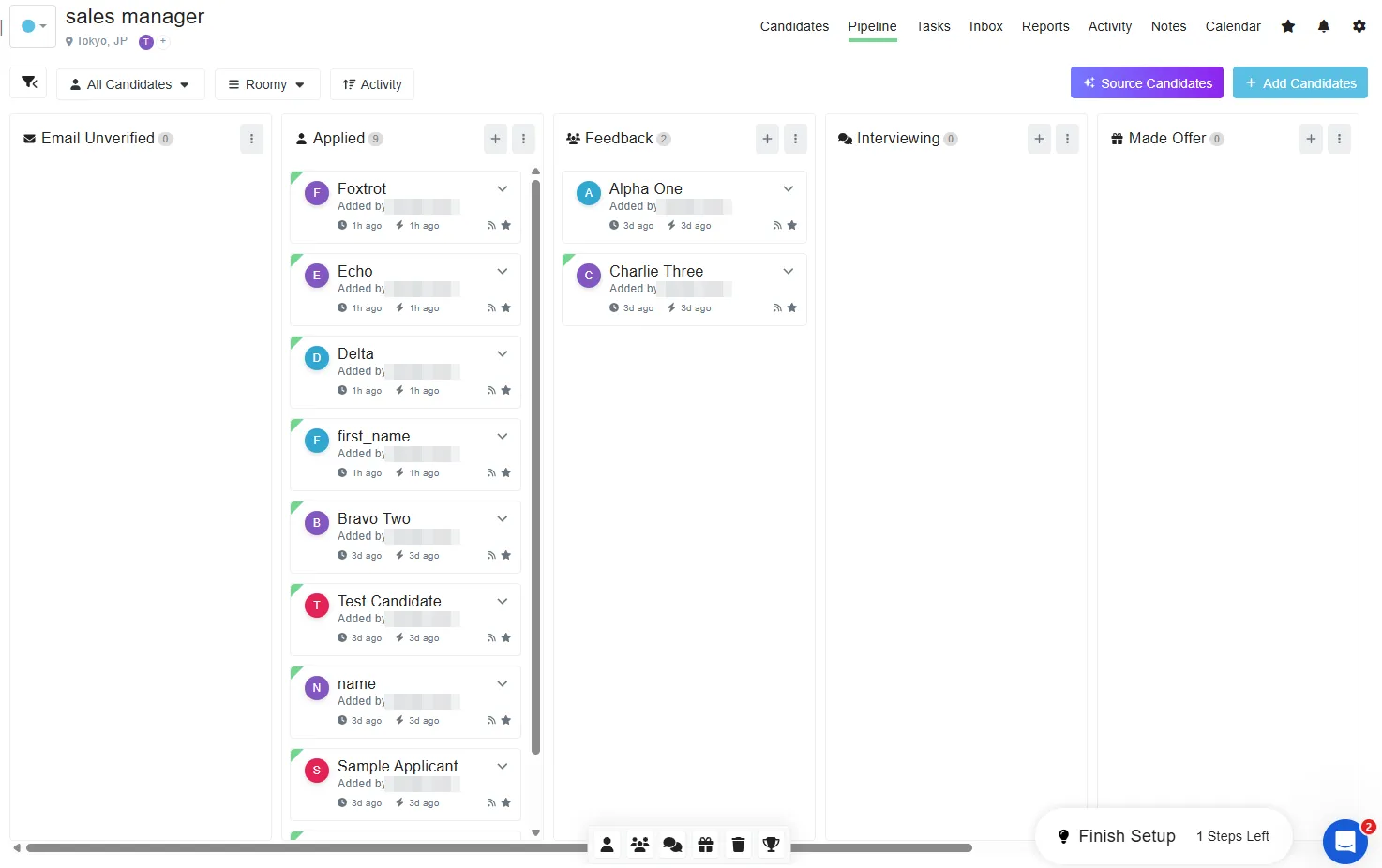 Breezy HR's pipeline board for a job, with candidates as cards in columns named Email Unverified, Applied, Feedback, Interviewing and Made Offer.