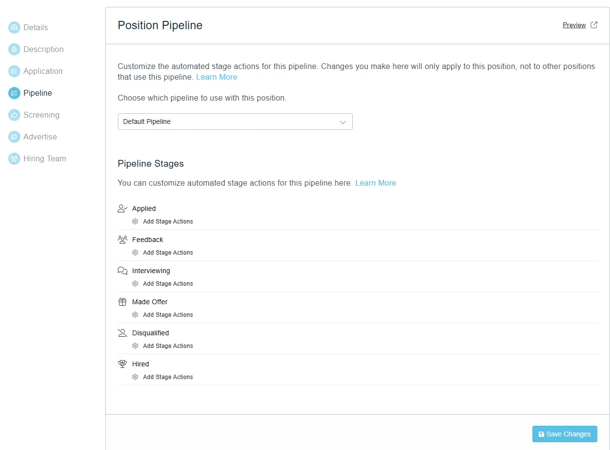 Breezy HR's Position Pipeline settings, listing six stages: Applied, Feedback, Interviewing, Made Offer, Disqualified and Hired. There is no Email Unverified stage.