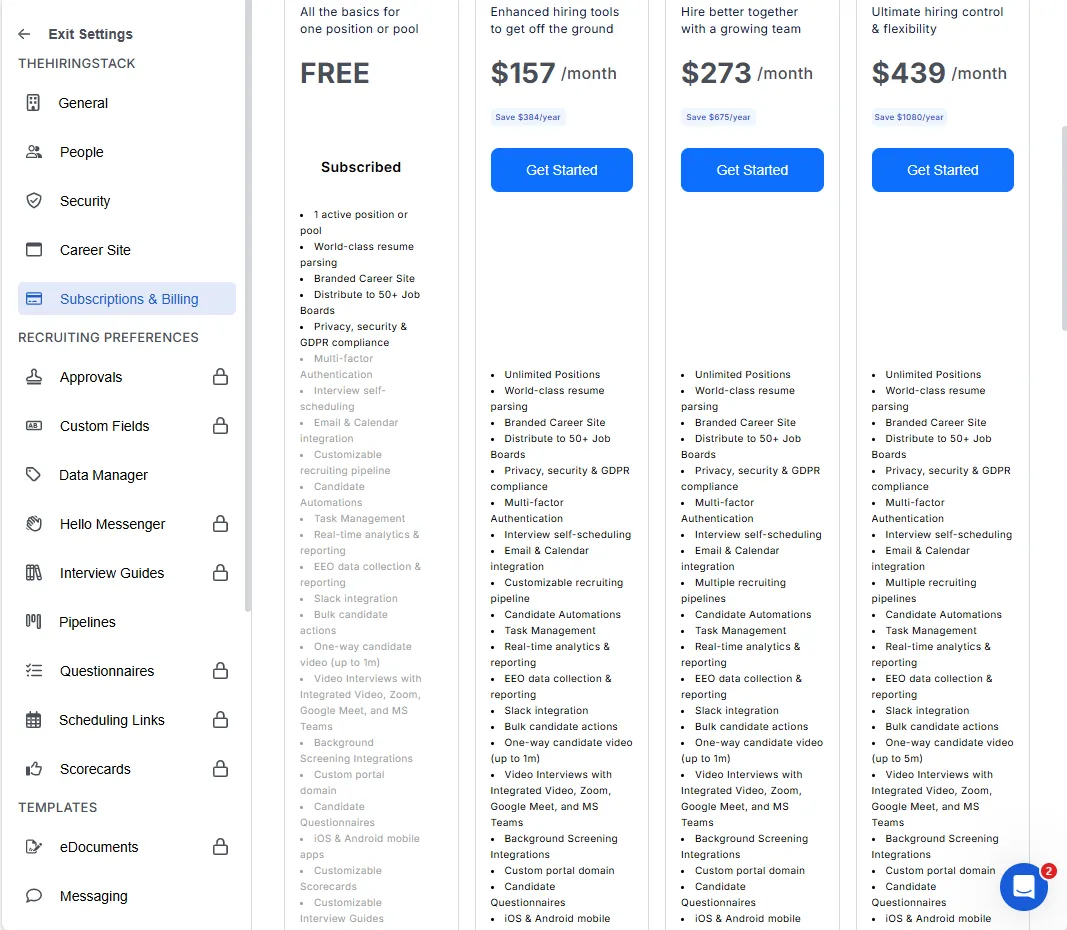 Breezy HR's plan comparison. The Bootstrap column is marked FREE and Subscribed, and lists Distribute to 50+ Job Boards among the five active features, above a greyed-out list beginning with Multi-factor Authentication.