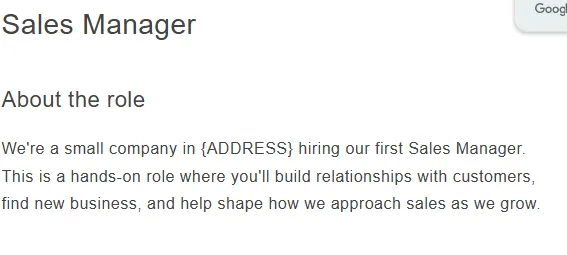The candidate-facing preview of the job post, reading "We're a small company in {ADDRESS} hiring our first Sales Manager" with the placeholder still unsubstituted.