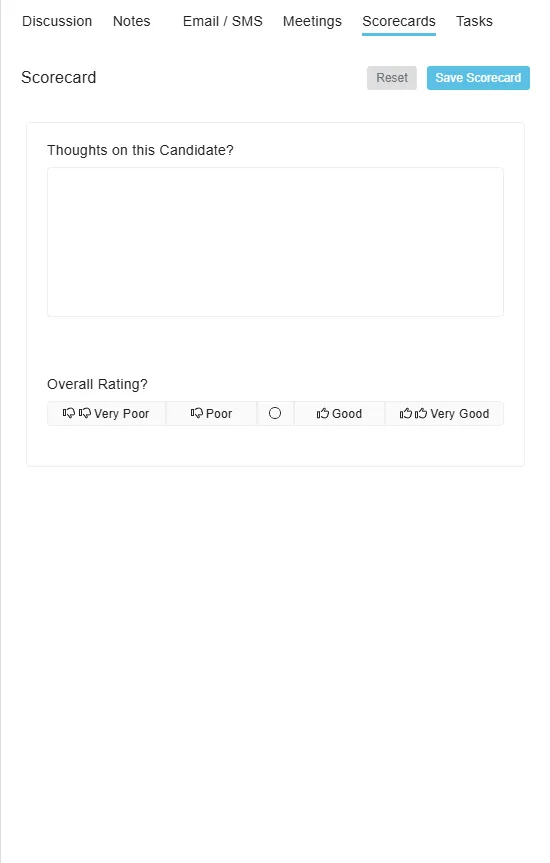 Breezy HR's Scorecards tab for the candidate. The free-text field "Thoughts on this Candidate?" is blank and no option under "Overall Rating?" is selected.