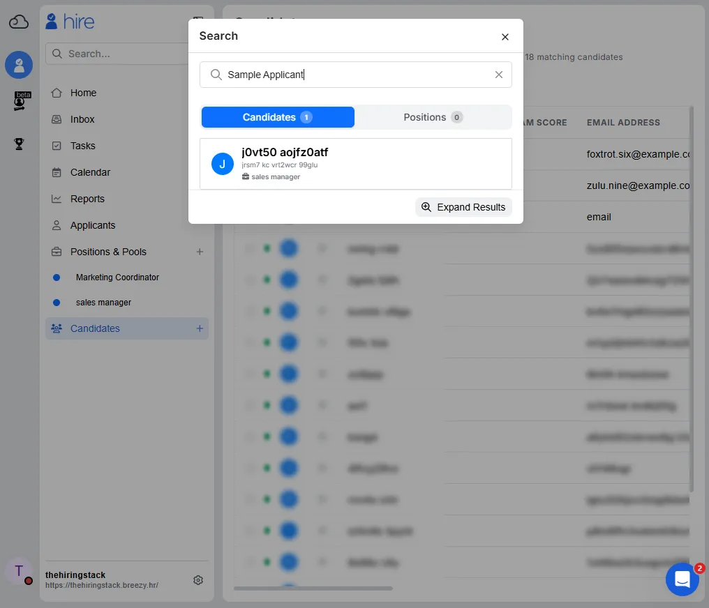 Breezy HR's search dialog. The query field contains "Sample Applicant". A tab row reads Candidates 1, Positions 0. The single result is displayed as "j0vt50 aojfz0atf" with an unreadable second line, and beneath it the position tag "sales manager" in plain readable text. The avatar circle shows the letter J.