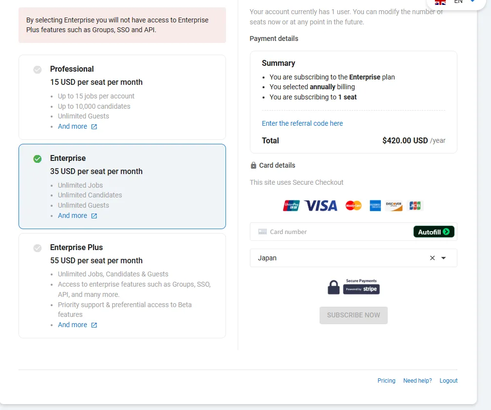 The foot of the same page. The SUBSCRIBE NOW button is greyed out, and the only links on the row below it are Pricing, Need help? and Logout.